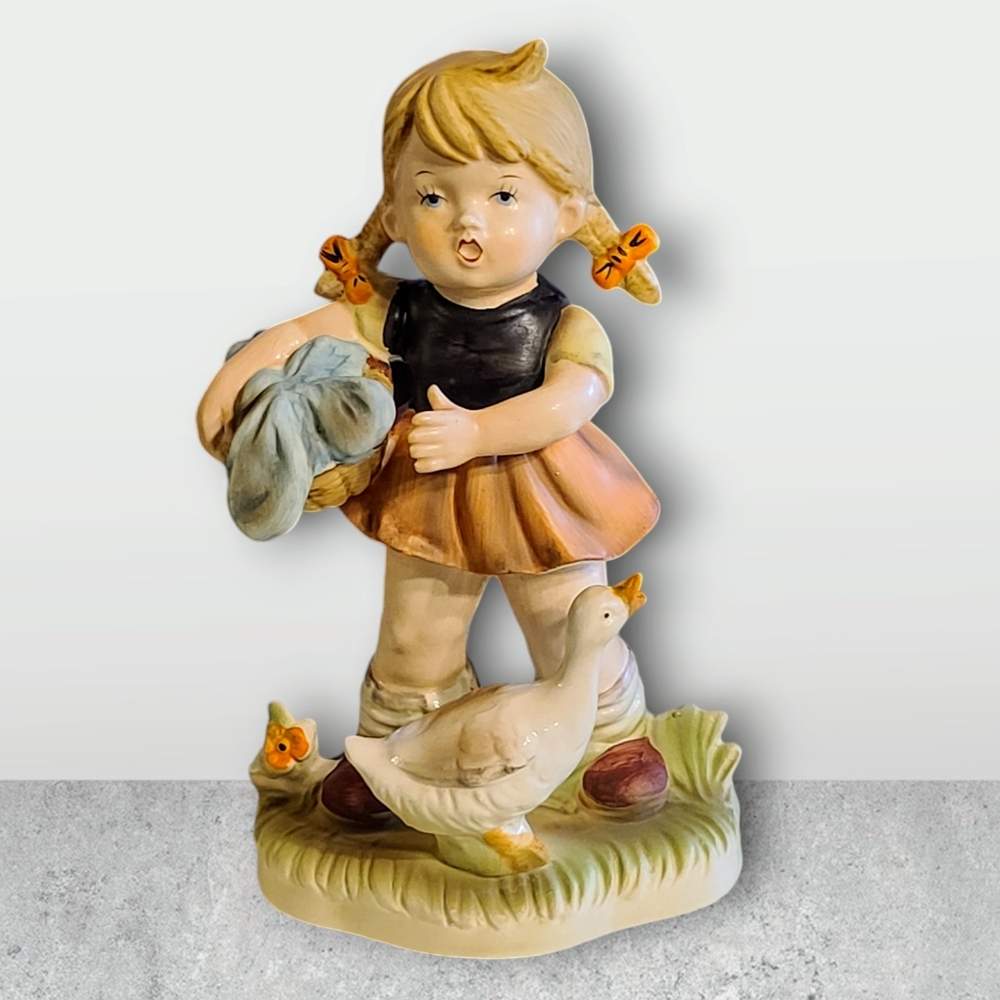 Vintage Little Girl With Duck & Basket Figurine 8"